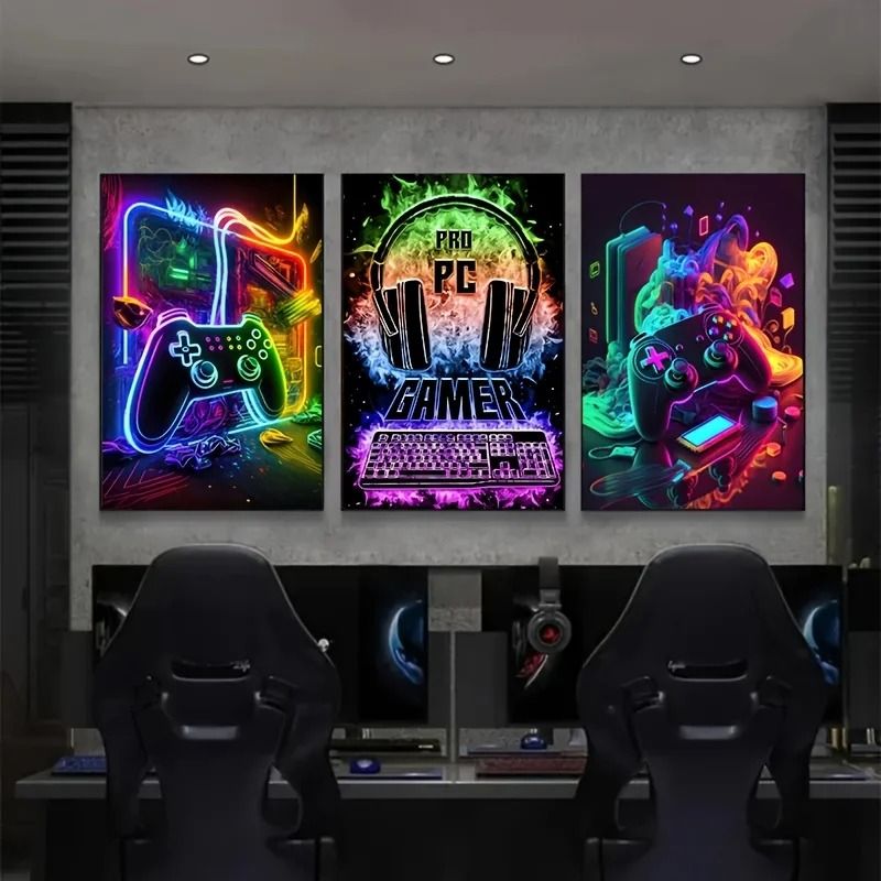 3-Piece Gaming Room Canvas Prints | Punk Style Gamepad Wall Art