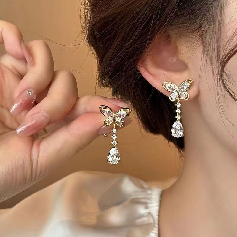 Crystal Zircon Butterfly Water Drop Tassel Earrings for Women Pearl Long Earring Party Daily Jewelry Gifts