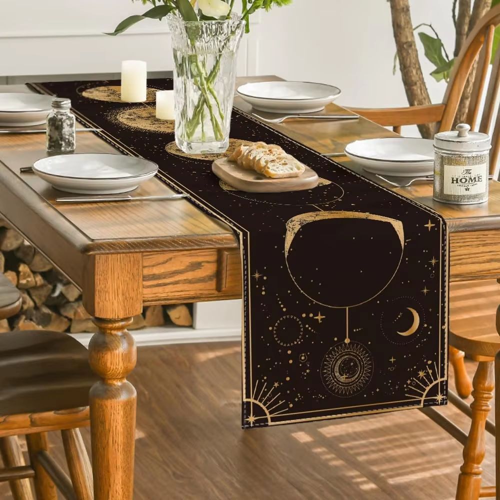 Mystical Moon Phase Linen Table Runner with Astrology Celestial Design
