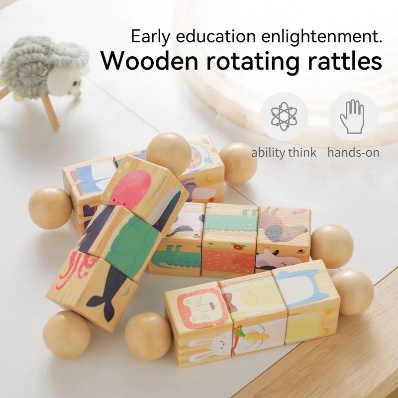 Rotating Wooden Baby Rattle & Animal Matching Block – Montessori Newborn Toy