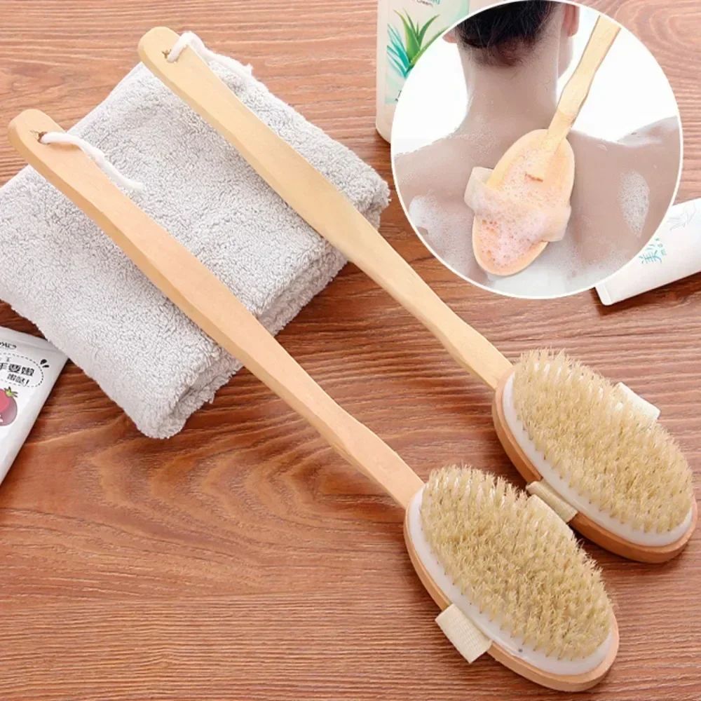 PureGlow Natural Bristle Back Scrubber – Back Scrubber Shower Brush with Detachable Wooden Handle
