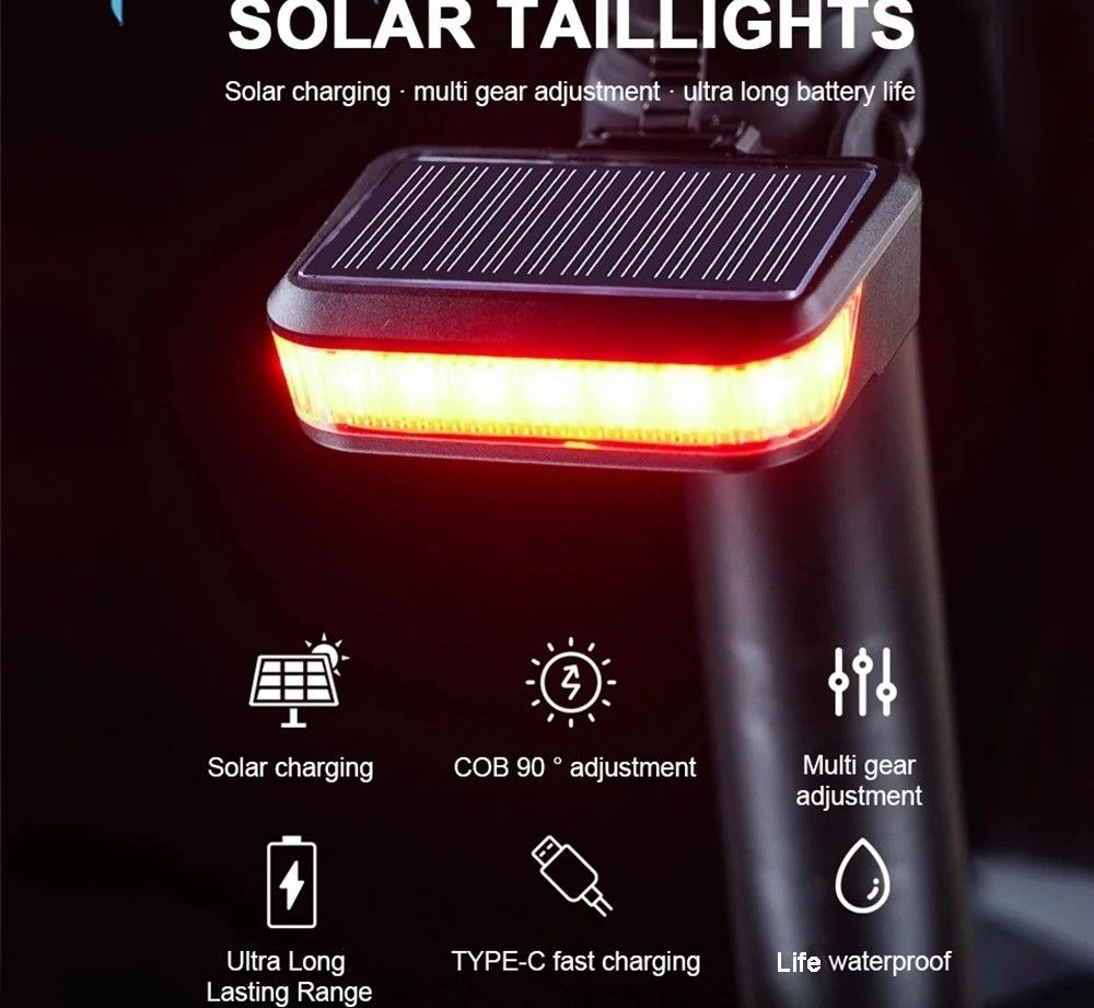 Solar Rechargeable Bicycle Taillight Rear Bike Safety Lamp