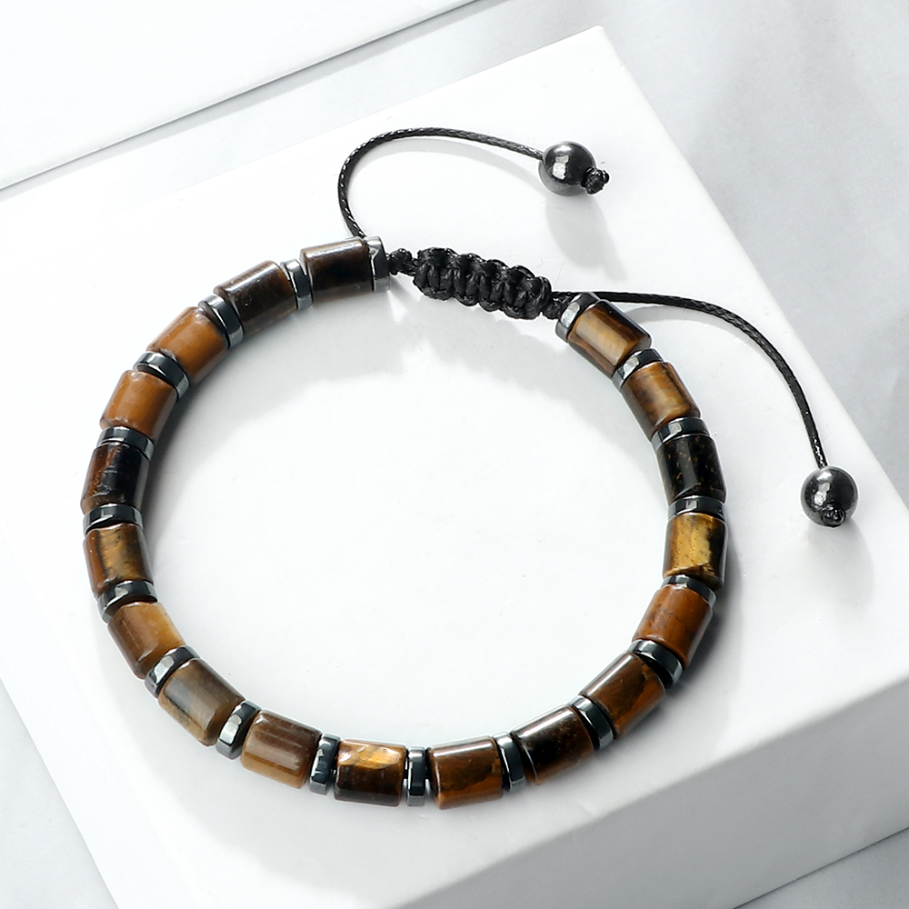 Men Cylindrical Tiger Eye Stone Bracelet, Nature Stripe Agate Beads, Reiki Healing Jewelry, Women Charm Pulsera