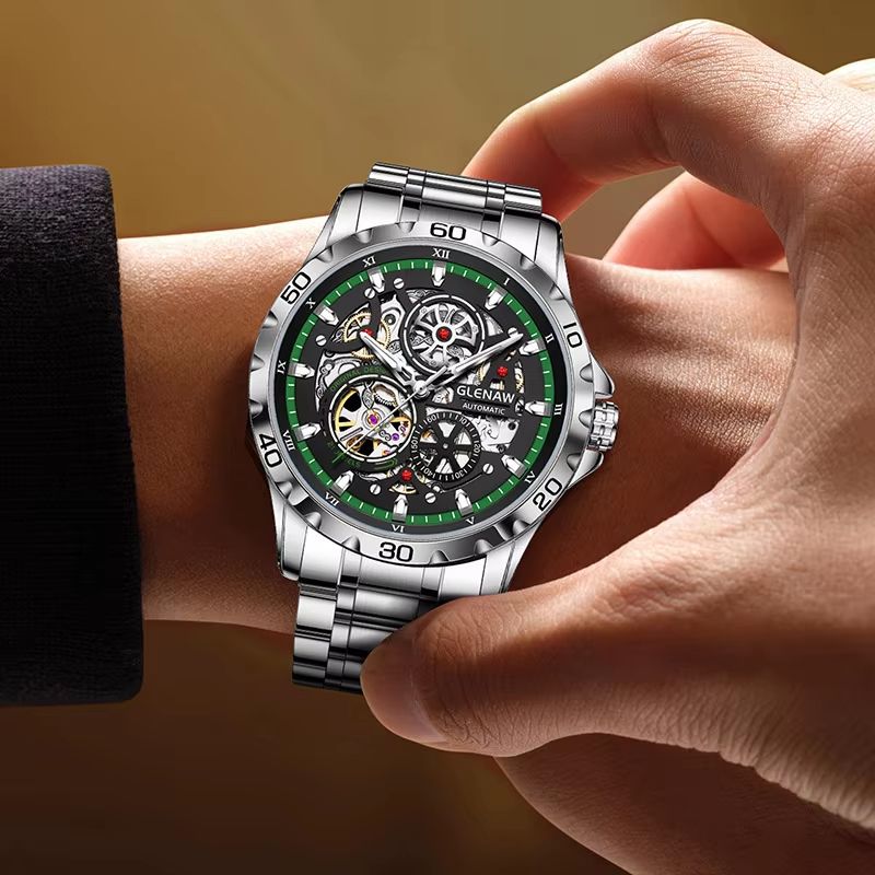 GLENAW Steampunk Skeleton Automatic Men's Watch – Luxury Mechanical Watch with Luminous Waterproof Design