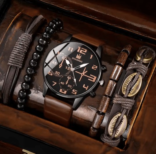 Mens Retro Quartz Watch and Bracelet Set Big Dial Leather Style
