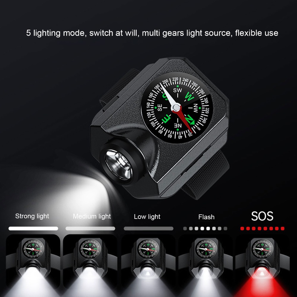 Rechargeable Wrist Flashlight with Compass Waterproof Hands-Free Camping Watch Light