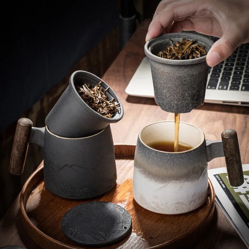 Retro Ceramic Mug with Wooden Handle and Lid