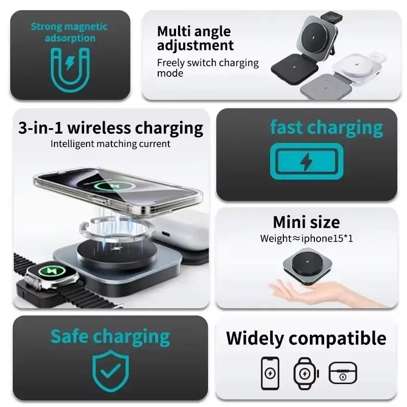 Metal 3-in-1 Foldable Magnetic Wireless Charging Station