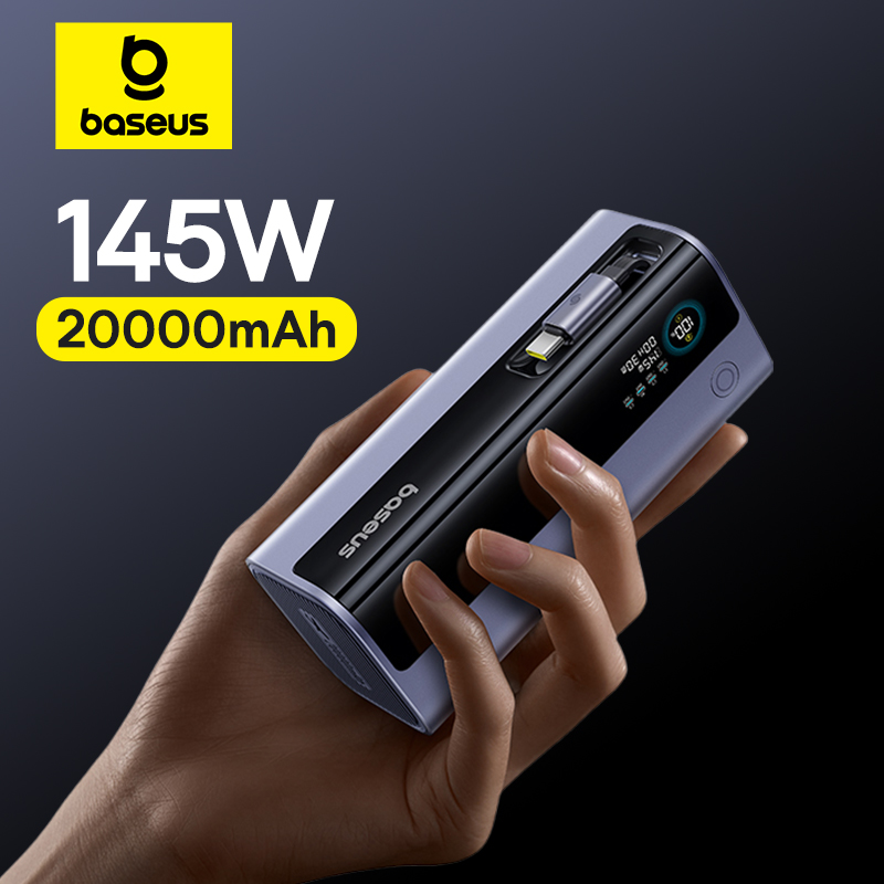 Baseus Power Bank, Fast Charge Portable External Battery Charger PowerBank, Built In Retractable Type C Cable
