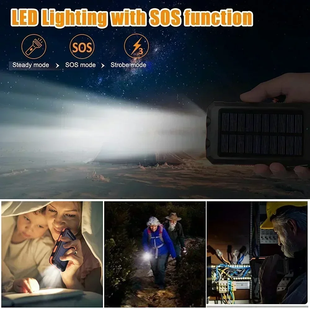 Portable Charging Poverbank Solar Power Bank, External Battery Charger with Strong Light LDE Light