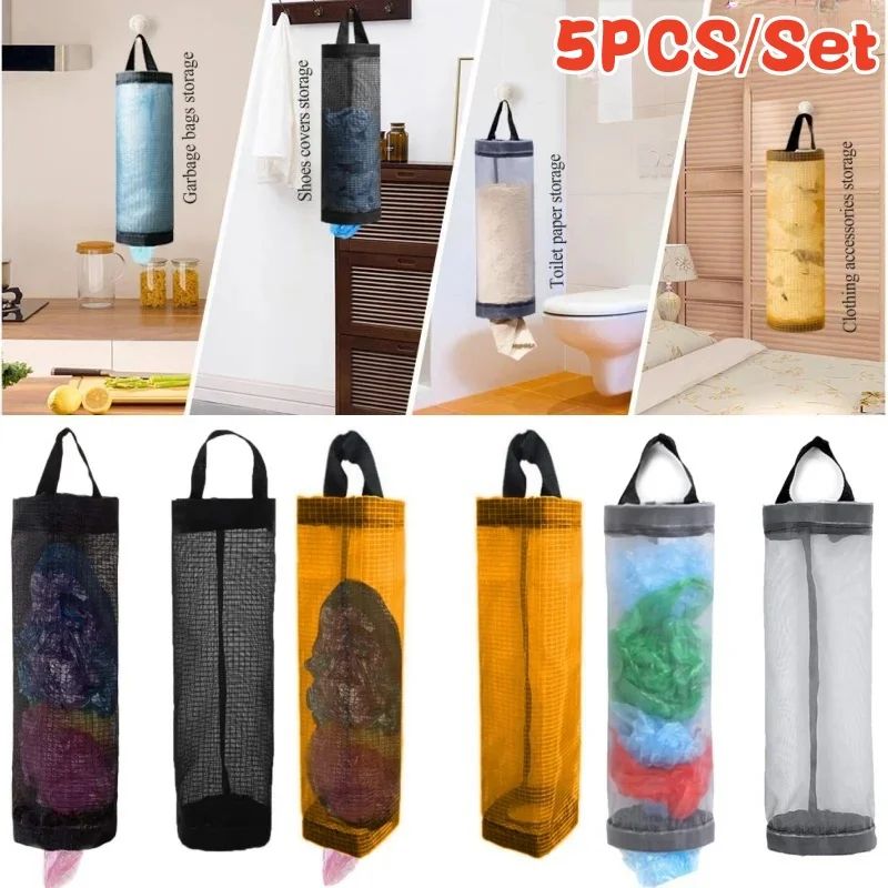5pcs Hanging Plastic Bag Holder – Mesh Grocery Bag Organizer & Kitchen Trash Bag Dispenser