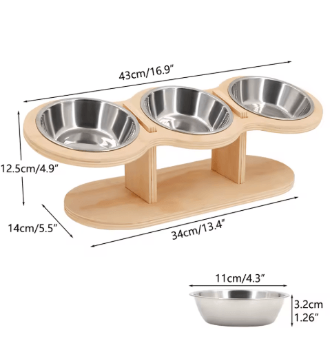 Raised Cat Feeder with 3 Stainless Steel Bowls 15° Ergonomic Wooden Feeding & Watering Station