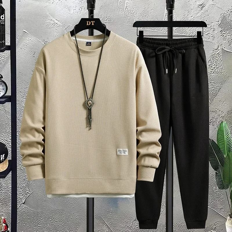 Men Summer Waffle Casual T-Shirt and Pants Set Loose Sports Tracksuit