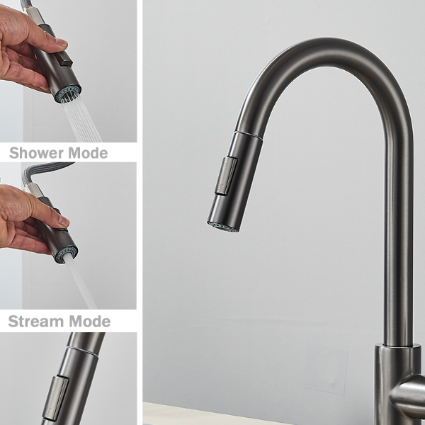 Kitchen Sink Mixer Tap Stream, Flexible Pull Out Nozzle, Black Hot Cold Water Taps, Sprayer Head Deck