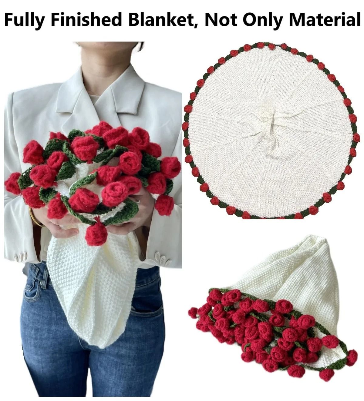Rose Bouquet Crochet Blanket Handmade Soft Acrylic Throw