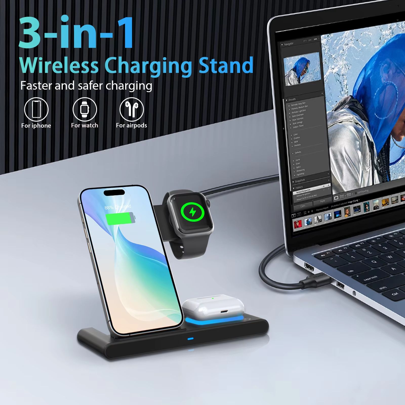 3 in 1 Magnetic Wireless Charging Station Foldable 18W Fast Charging Pad for iPhone 12-16, Apple Watch, and AirPods