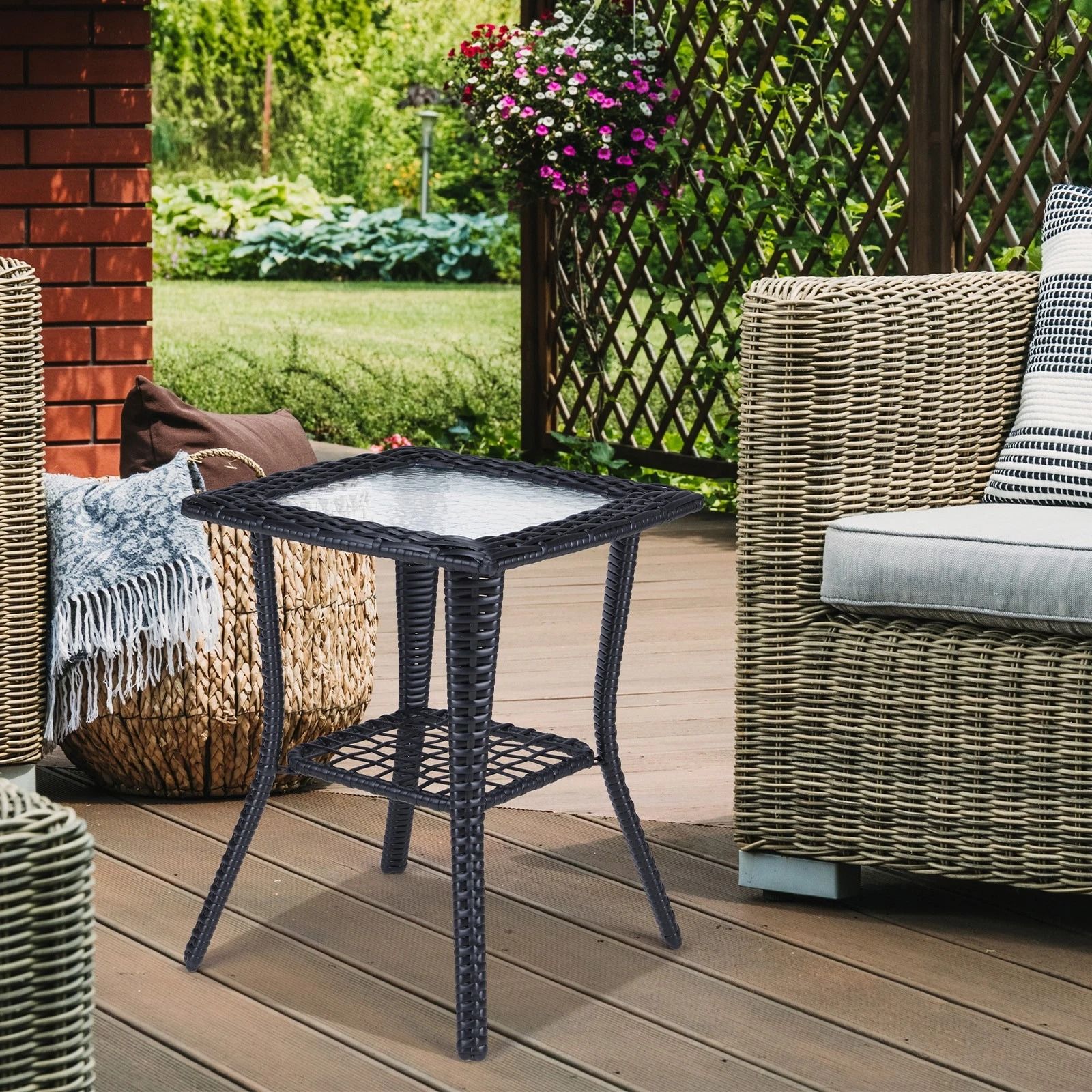 Coffee Bistro Table, Outdoor Wicker Side Table, Patio Rattan End Table with Glass Top