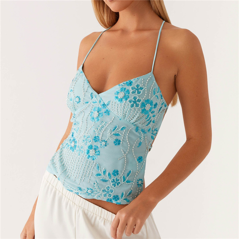 Summer Glitter V Neck Rhinestone Cami Tank, Sequin Halter Crop Tops, Pearl Embellished Summer Top