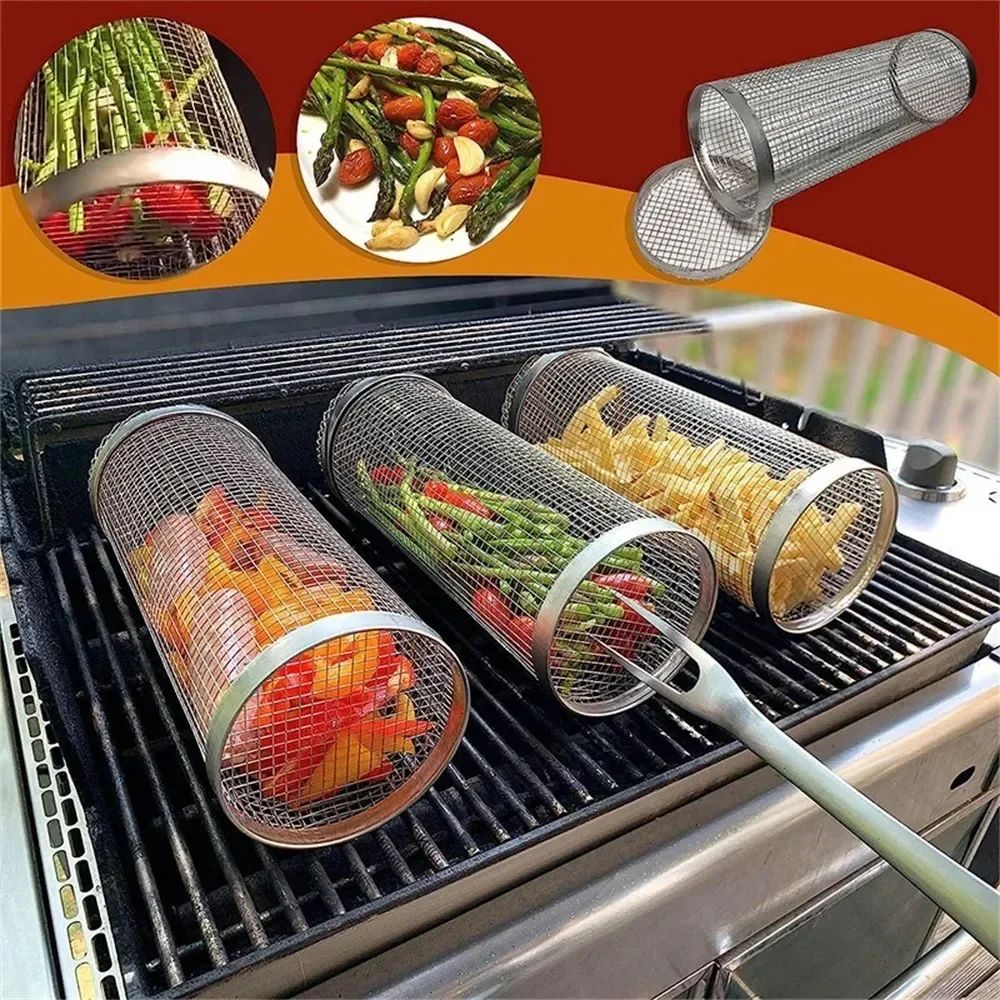 Rolling Stainless Steel BBQ Grill Basket for Outdoor Cooking