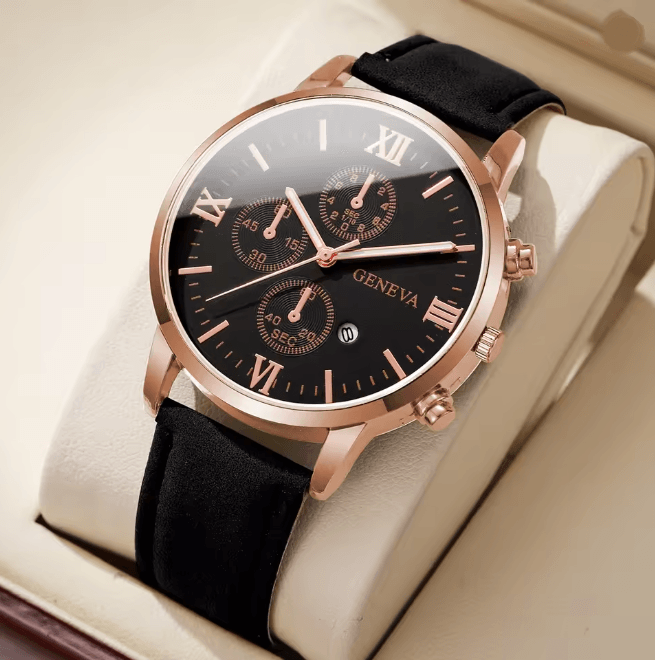 Mens Roman Dial Quartz Watch Leather Band Business Style