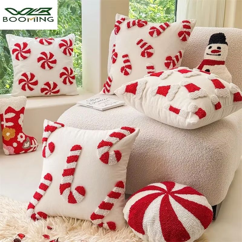 Christmas Plush Pillowcase with Hat and Candy Cane Pattern Hidden Zipper Holiday Decor Cover