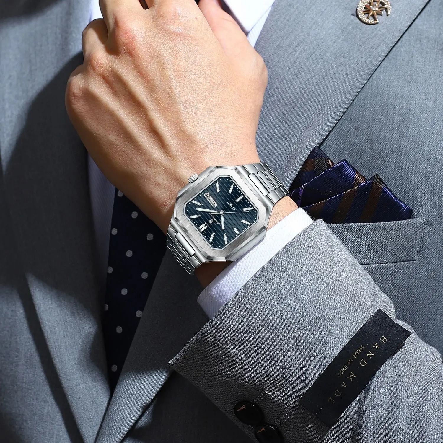 Square Quartz Mens Watch with Luminous Display and Date Week Function