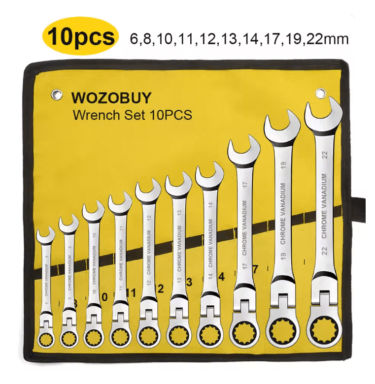 Metric Ratcheting Combination Wrench Set with Flex Head and Carrying Bag