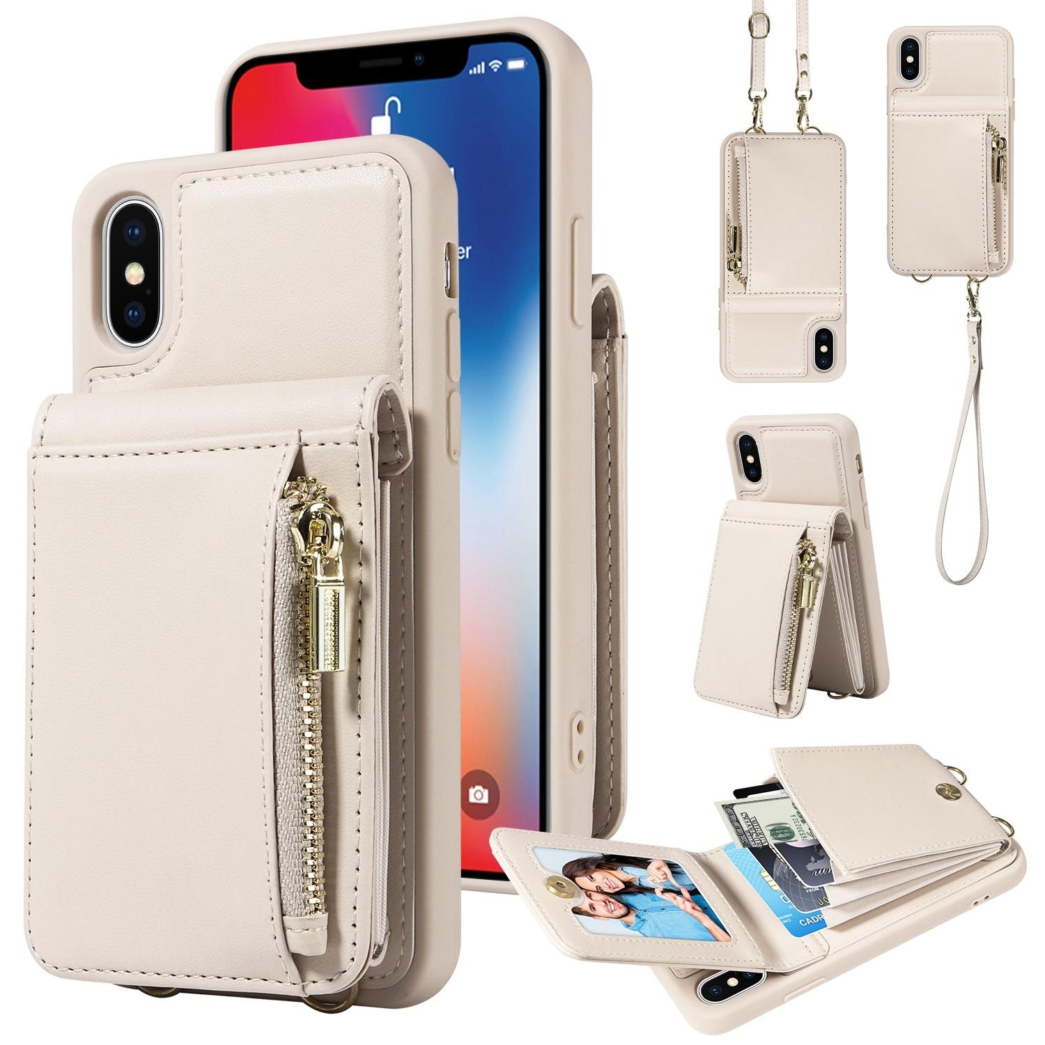 Leather Crossbody iPhone Wallet Case with Zipper Pocket & Lanyard Strap