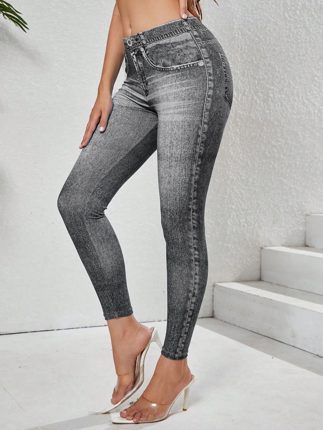 Denim Look High Waist Tummy Control Leggings with Pockets