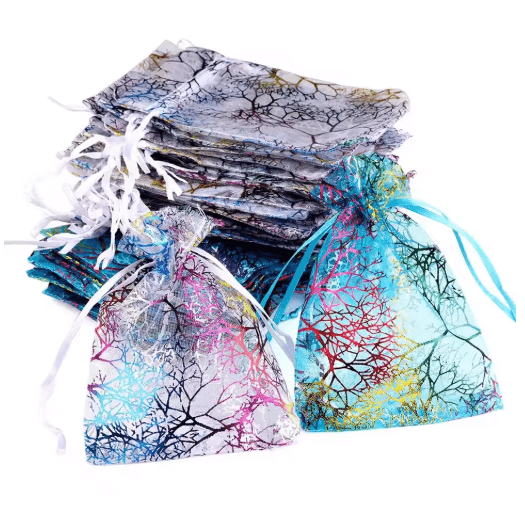 Organza Gift Bags with Drawstring – Colorful Tree Print Jewelry & Party Packaging (100pcs)