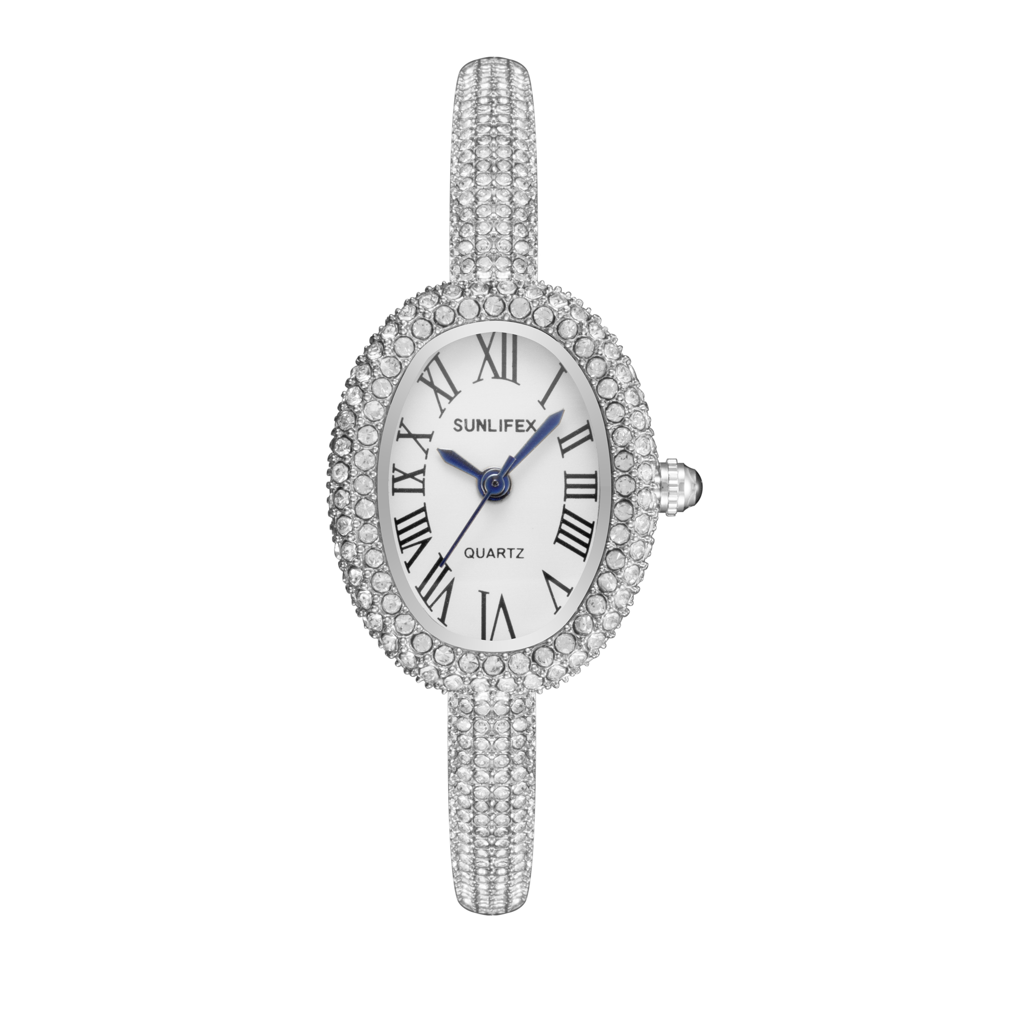 Luxury Women Quartz Watch, New Elegant Bracelet Wrist Watch with Roman Numerals, Rhinestones Inlaid Oval Design