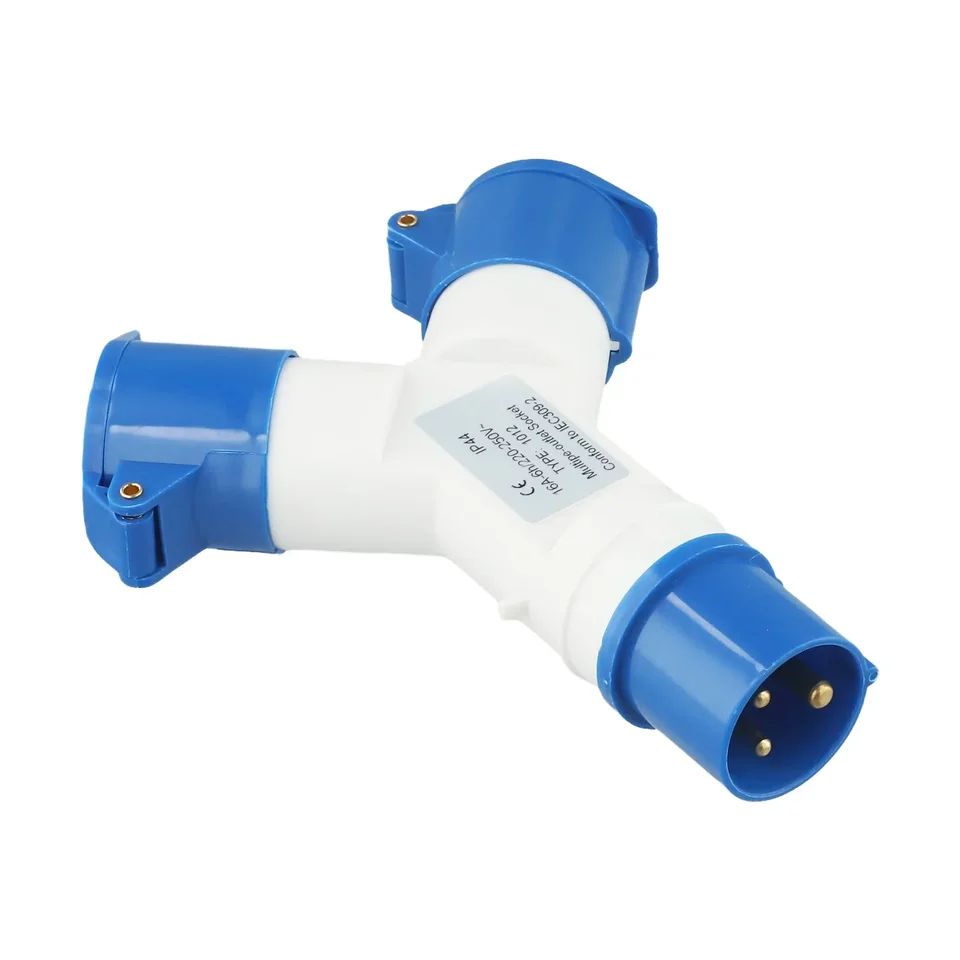 220V Industrial 2-Way Power Splitter Plug, IP44 Waterproof 3-Pin Field Plug to Dual Socket Adapter 16A/32A
