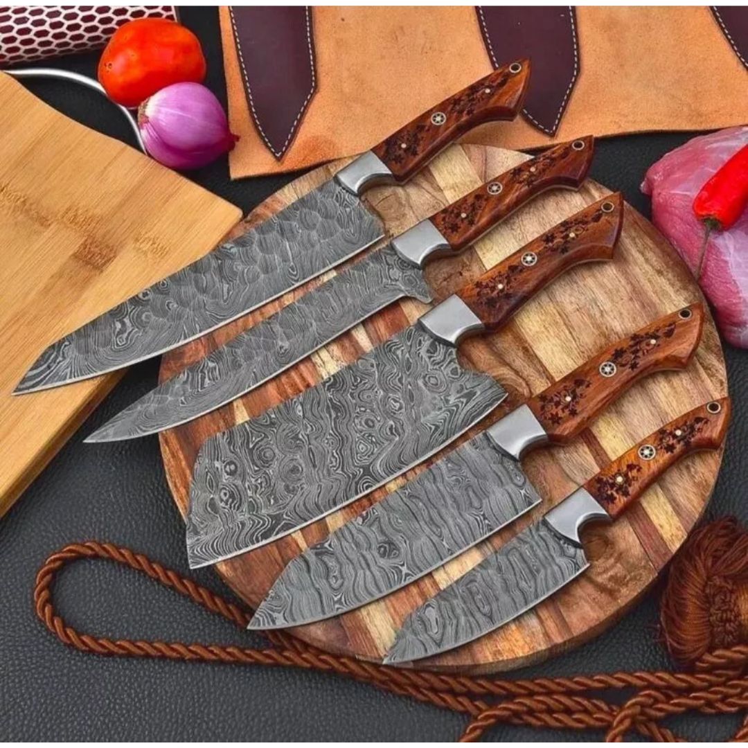 Engraved Handles Chef Set Fully Forged Damascus Steel Camping Knives Outdoor Hun