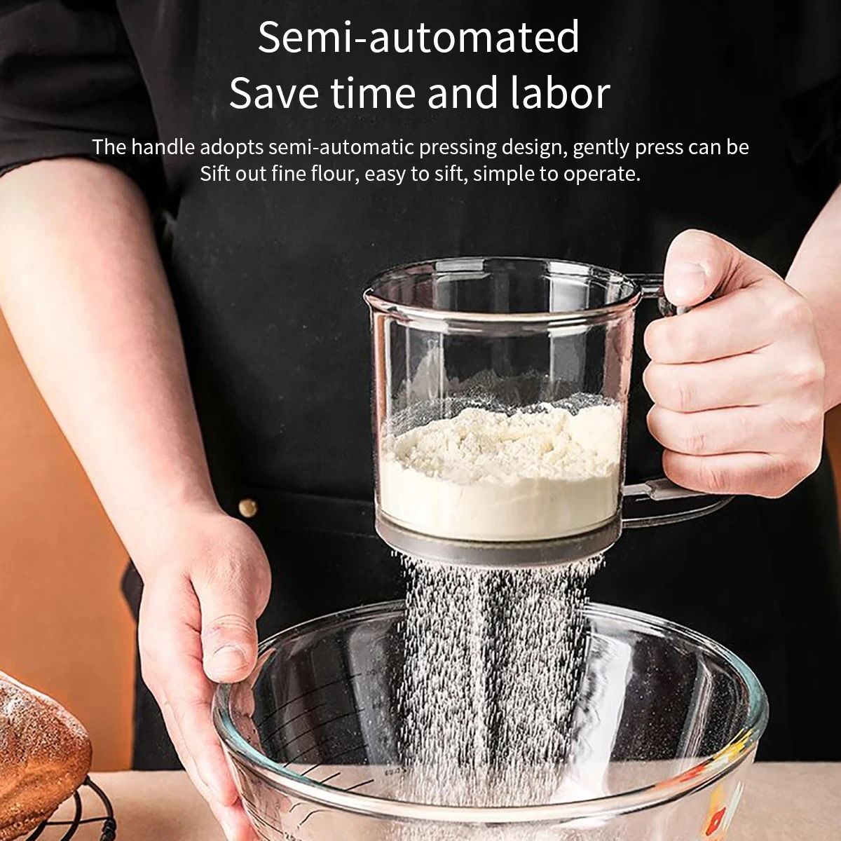 Semi Automatic Flour Sifter Cup with 40 Mesh Stainless Steel Screen and Measuring Scale