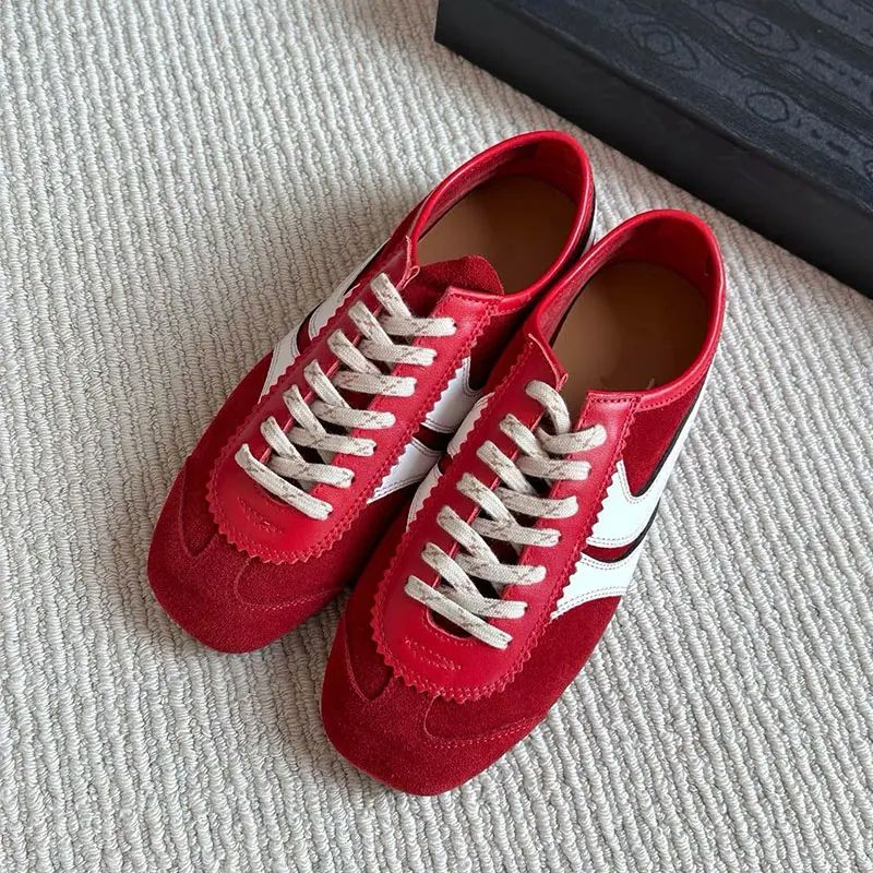 Femmes Cuir Allemand Trainers, Comfortable Deerskin Lace-Up Flat Sneakers for Women