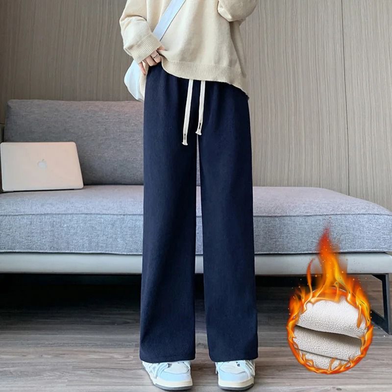 Womens Fleece Wide Leg Pants Warm Elastic Waist Winter Trousers Casual Loose Straight Leg Pants