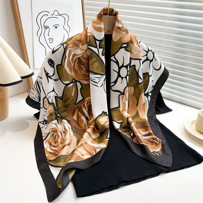 Elegant Twill Silk Feeling Shawls and Wraps, Luxury Hair Scarves, Tree Print Bandana Hijab Pashmina