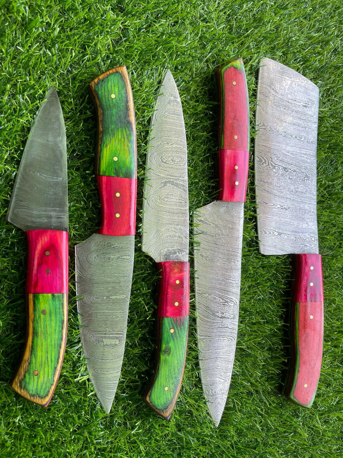 5 PCS Handmade Damascus Steel Chef Knives with Wooden Handles