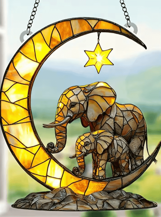 Elephant Moon Window Hanging Pendant – Whimsical elephant window decoration for Garden & Cozy Room Decor