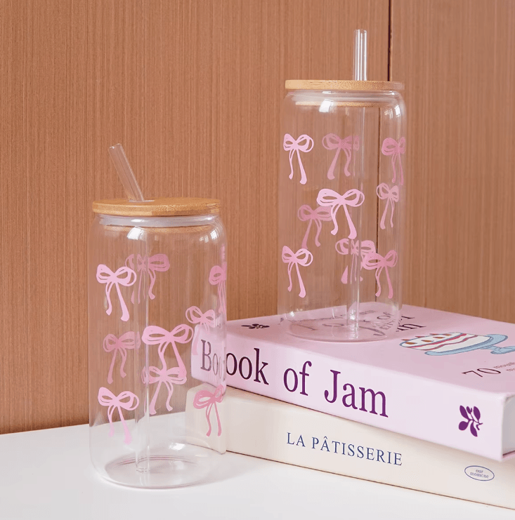Bow Glass Cup with Lid and Straw – Aesthetic Cute Drinking Tumbler for Coffee & Milk