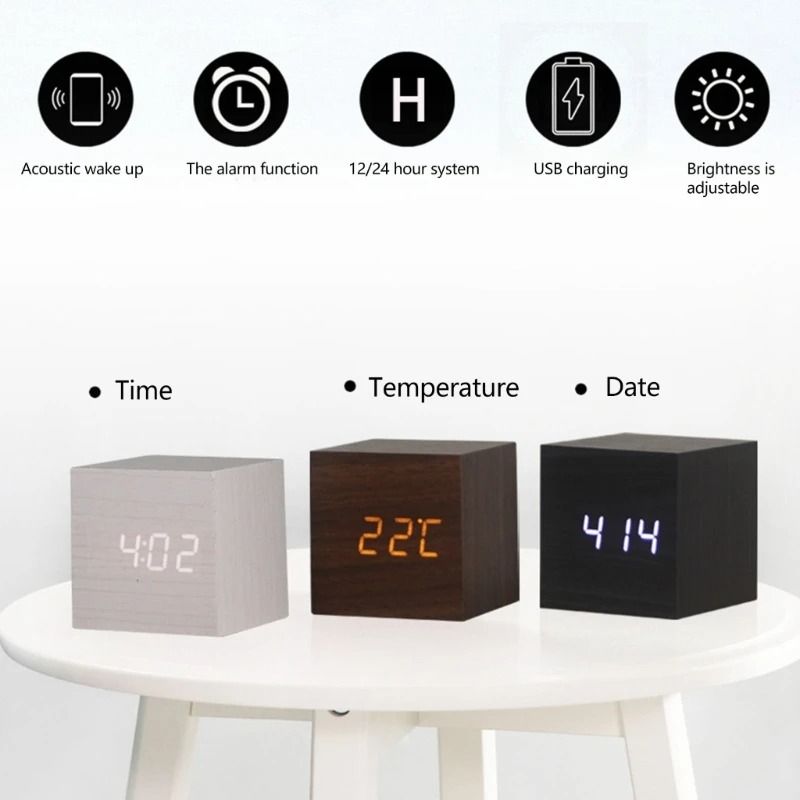 Wooden Cube Voice Control Alarm Clock