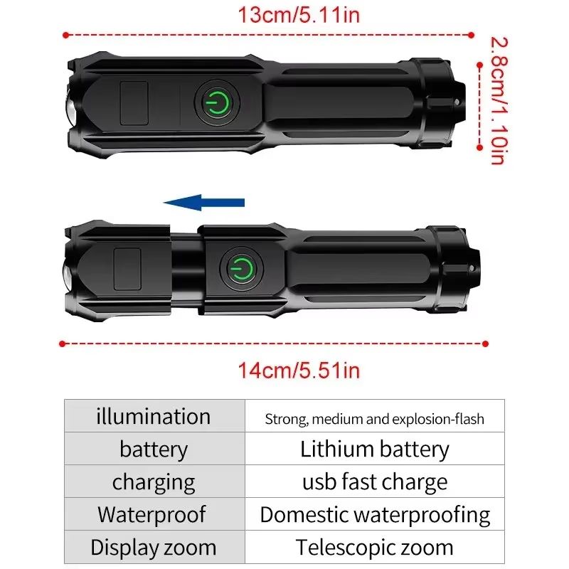 Rechargeable Waterproof Tactical LED Flashlight with Zoom
