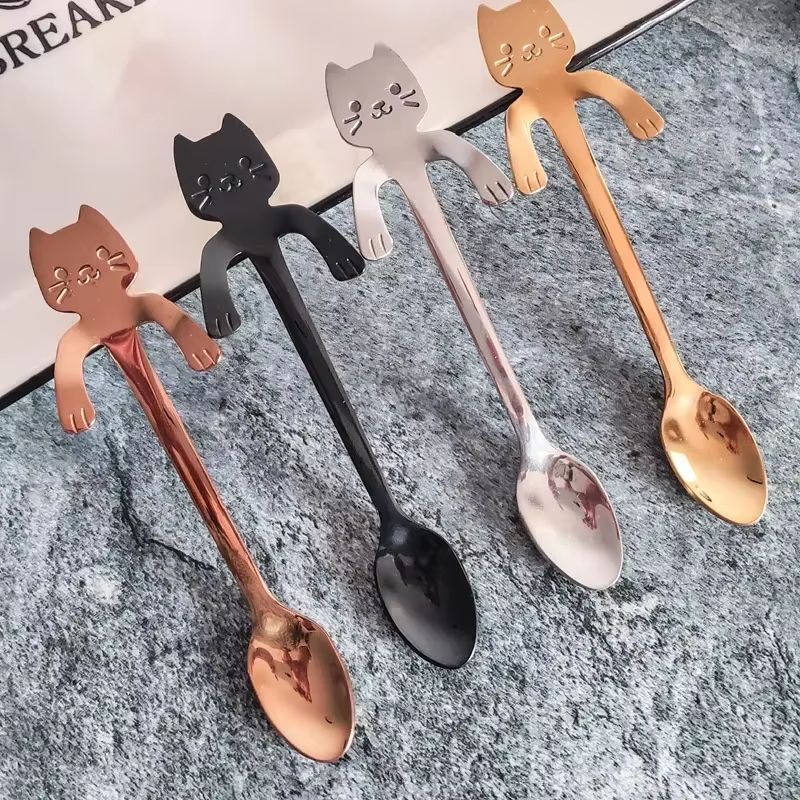 Creative 304 Stainless Steel Cat Coffee Spoon Hanging Edge Cute Stirring Spoon Set Gold Plated Teaspoon