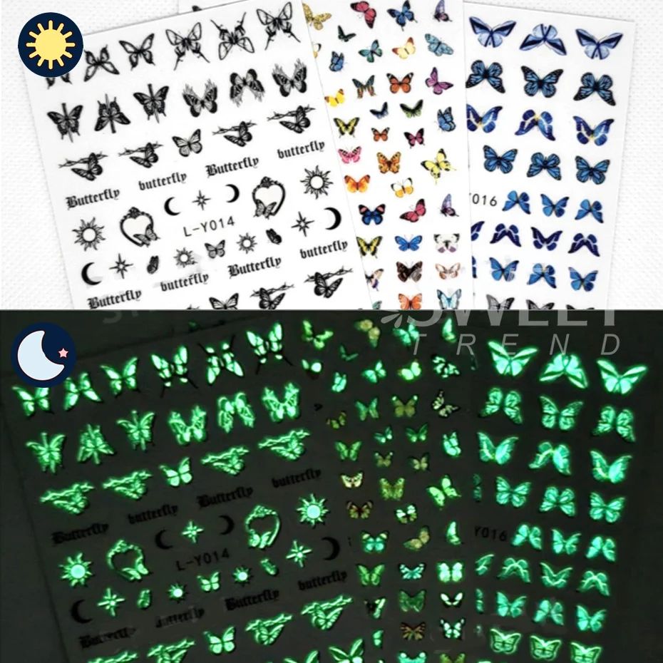 3-Piece Luminous Butterfly Nail Decal Stickers – Glow-In-The-Dark Nail Art Set