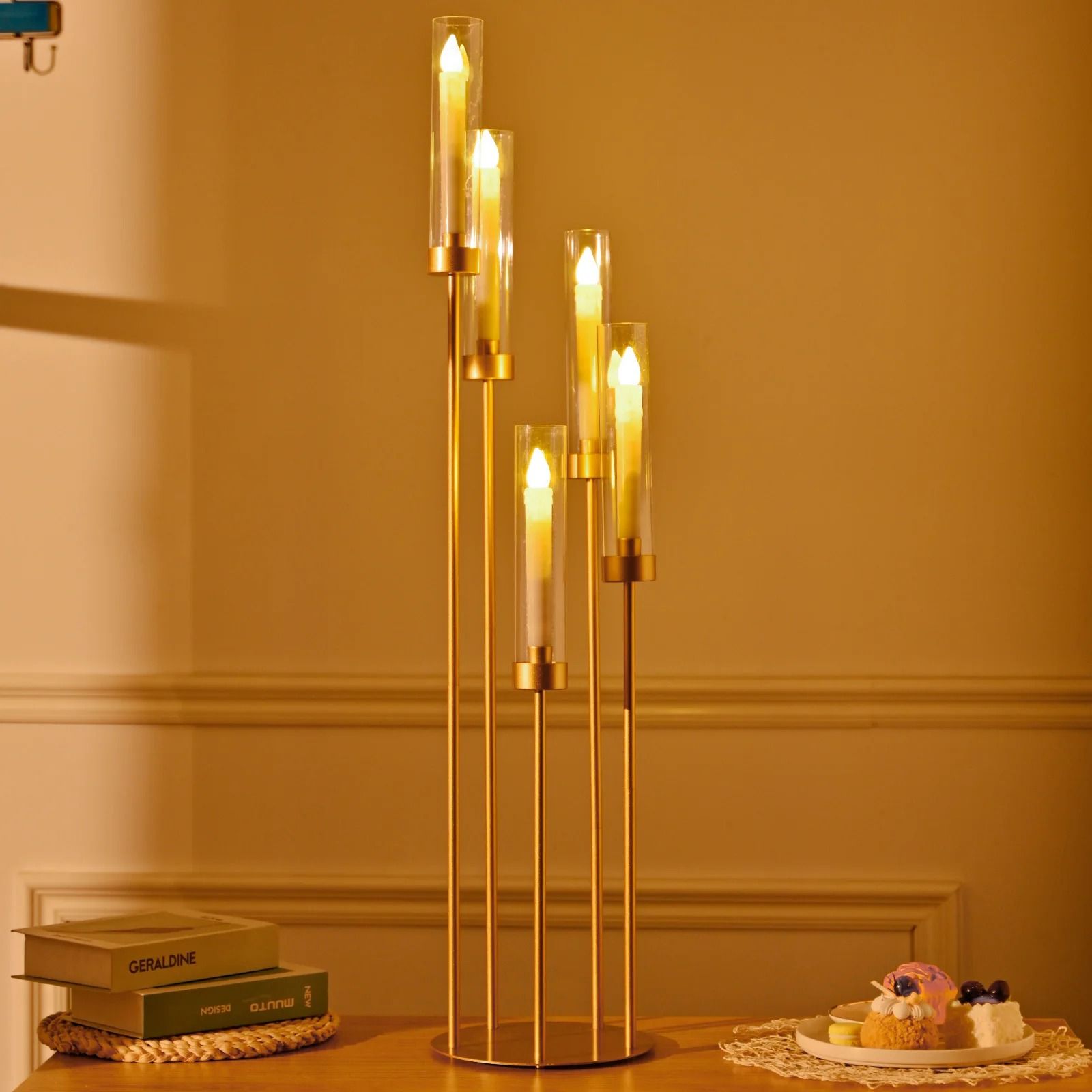 5-Arm Gold Tall Floor Candelabra with Acrylic Shades
