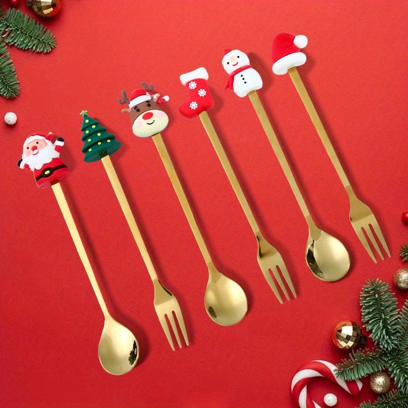 Creative Santa Tree Decoration, Christmas Spoon Fork Set, Stainless Steel Stirring Spoons, Party Tableware