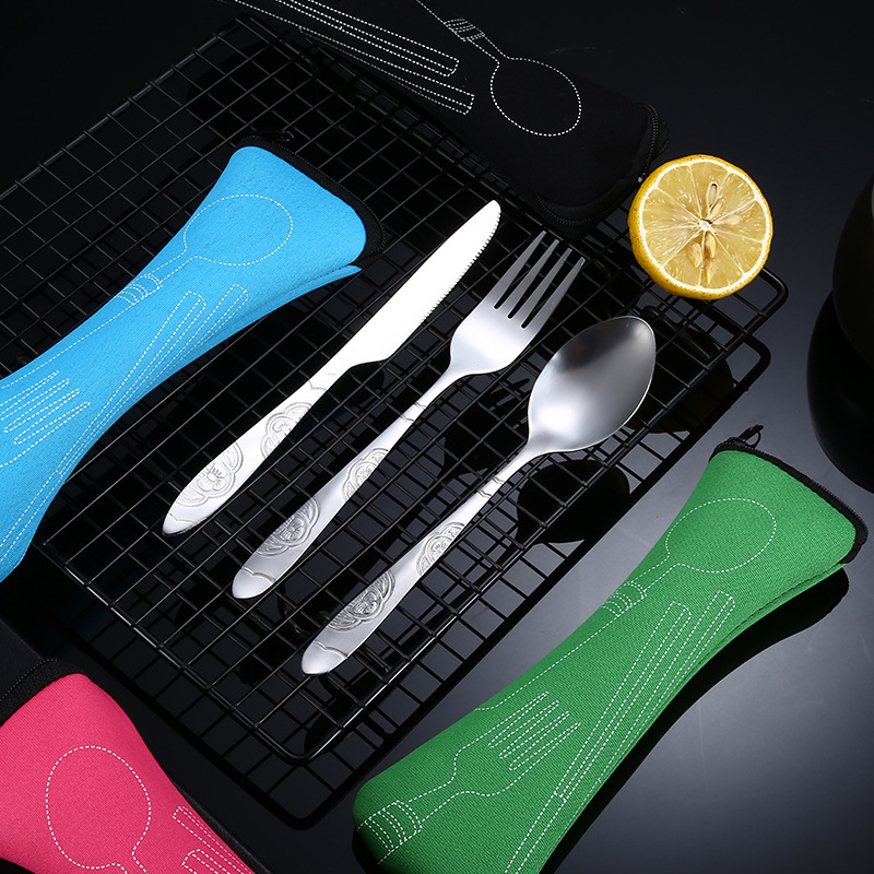 Travel Camping Spoon Picnic Set, Zippered Travel Tableware Kit with Cleaning Carrying Bag for Household and Outdoor Use
