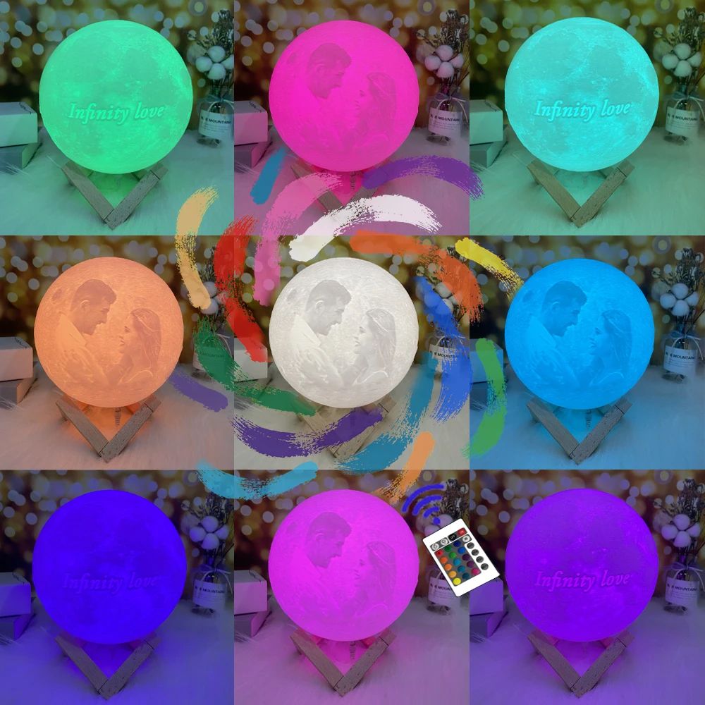 Personalized 3D Printed Moon Lamp with Photo & Text – Custom LED Lunar Night Light USB Rechargeable Gift
