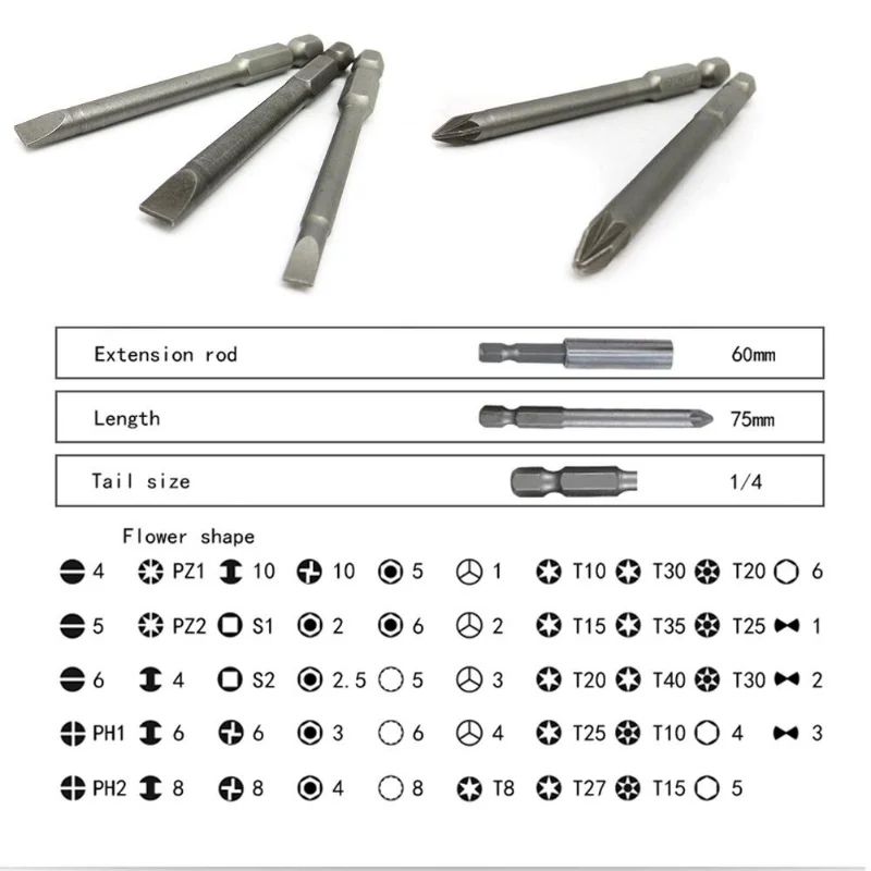 50 Piece Extra Long 75mm Security Bit Set Torx Star and Hex Screwdriver Bits