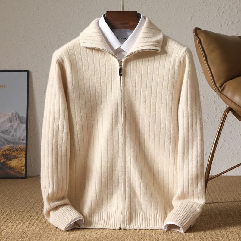 Men 100 Percent Merino Wool Stand Up Collar Cardigan Zipper Coat
